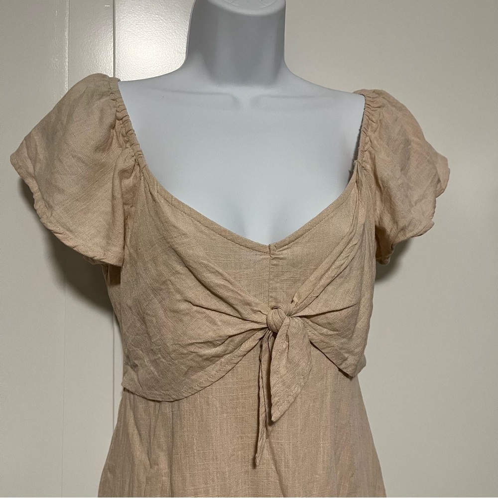 Tan Linen Mini Sun Dress Tie Front Ruffle Sleeves Line Size Small Spring Easter - Picture 3 of 10